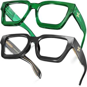VISOONE 2 Pack Blue Light Blocking Glasses Rectangle Frame and Chic Preppy Look for Women Men RIVER (Black+basil Green)