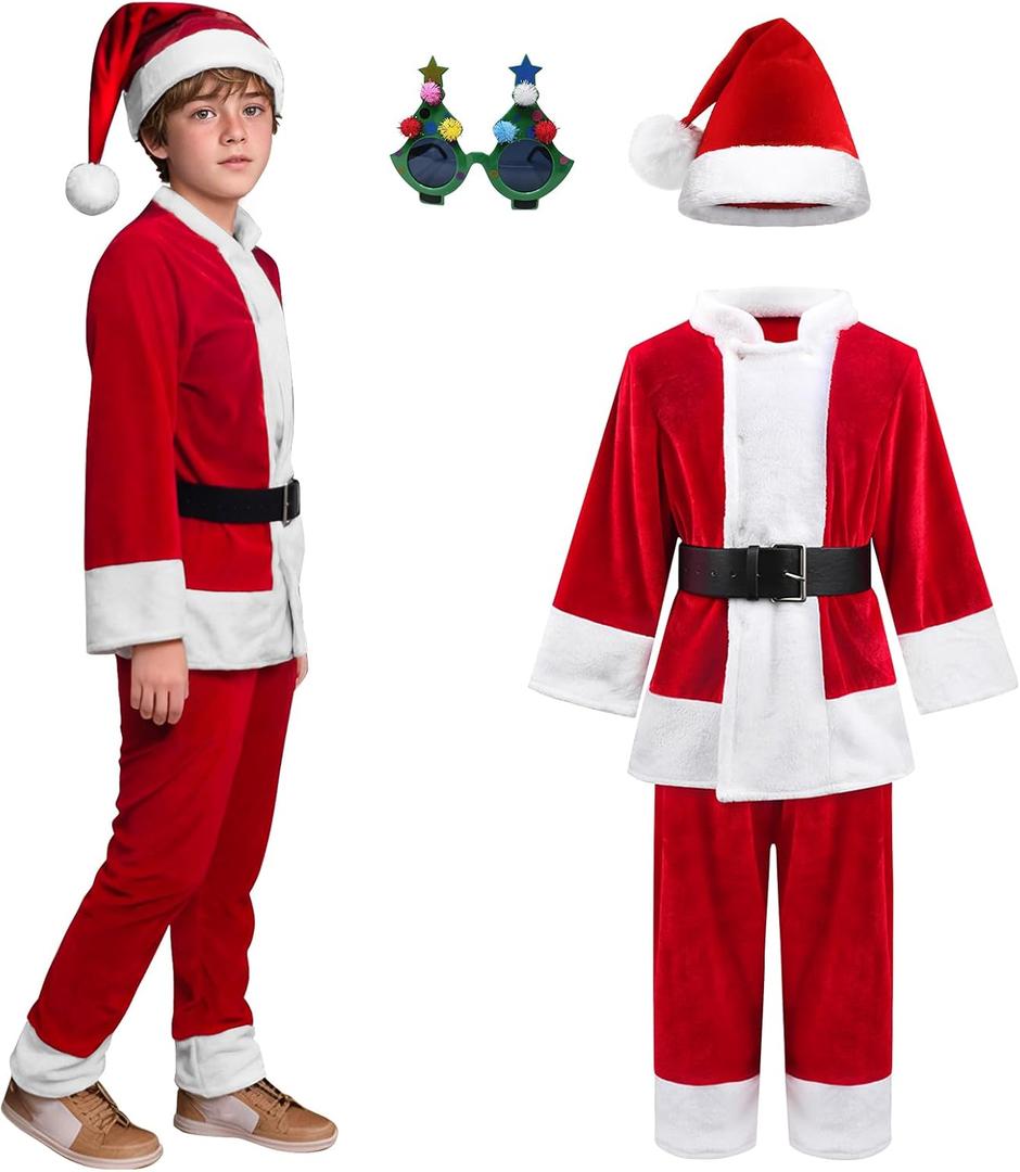 Kids Christmas Santa Costume Suit Cosplay Deluxe Plush Claus Costume for Boys Girls Halloween Christmas Party Outfits (3-4 Years, Red)