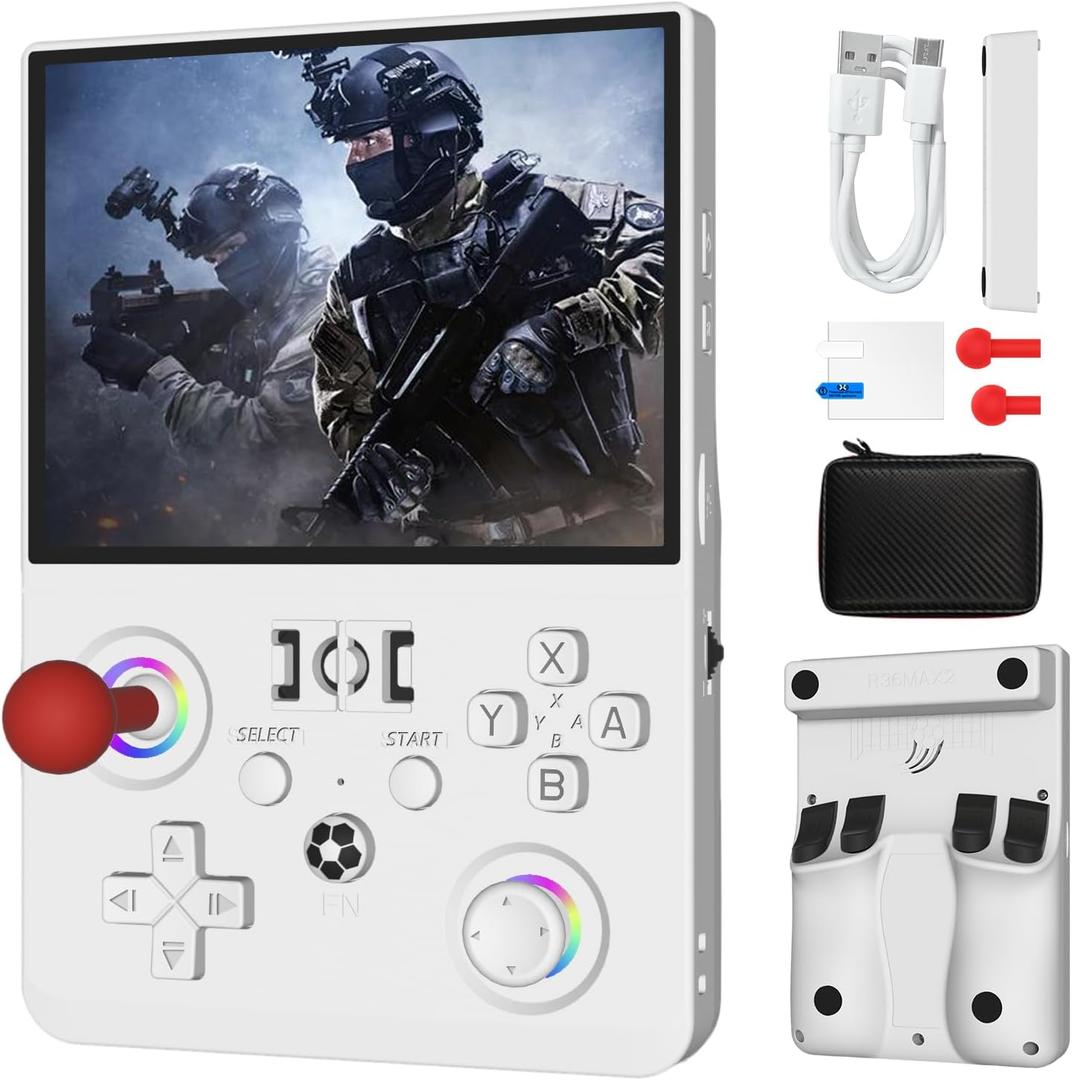 Newest R36MAX Ⅱ 4.5 Inch Retro Handheld Game Console,1024x768 IPS HD Screen,128G Built-in 22000+ Classic Game,Portable Open Source Linux System,4000mAh Battery with Arcade Joysticks*2 (White)