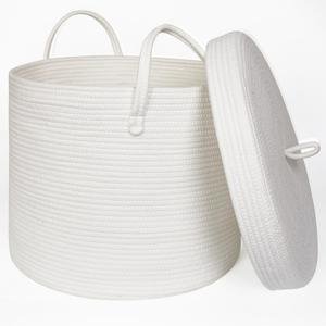 White Basket with Lid, 16"x16"x13" Large Blanket Storage for Living Room, Cute Cotton Rope Kids Toy Box, Bathroom Towel Storage, Woven Laundry Basket with Cover, Wicker Bin for Organizing