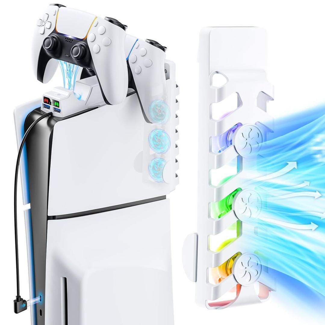 BRHE PS5 Slim Cooling Fan for PS5 Slim Digital/Discs Edition with 3 Fans/2 USB Port,Dual PS5 Controller Charger for PS5 & Edge Controller,2 in1 PS5 Slim Accessories with RGB Light