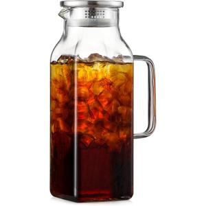 2 Quart (2 Liter 68 oz) Square Glass Pitcher with Lid and Spout, Water Pitchers with Handle for Fridge, Borosilicate Glass Carafe for Hot/Cold Drink, Large Jug for Iced Tea, Coffee,Juice,Milk,Beverage (67.6 Ounces, Clear)