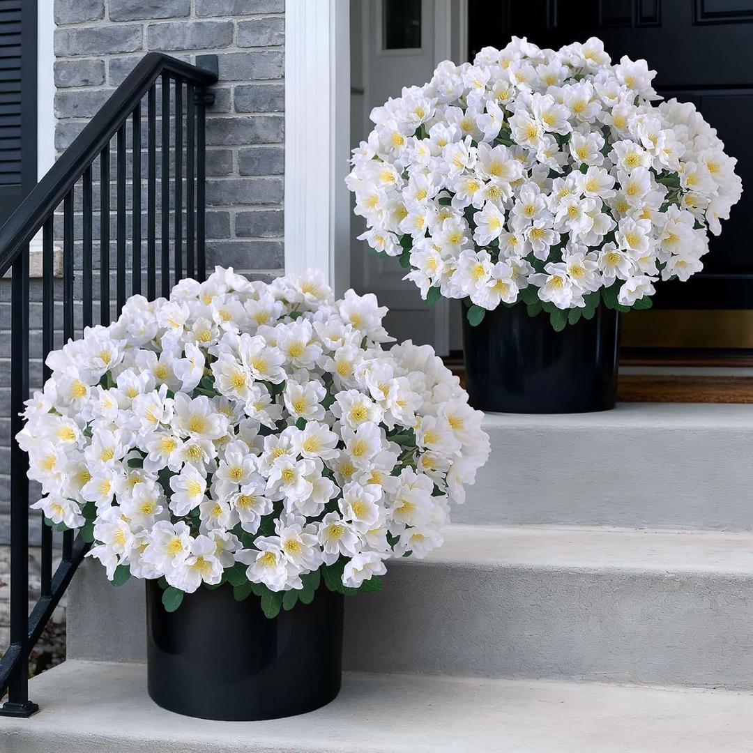 Juxdp 2 Sets of Artificial Camellia Topiary Ball Trees - Fake Flower Potted Plants, UV Resistant Faux Camellia Potted Bushes for Front Door, Farmhouse, Porch, Garden, Outdoor Decoration (White)