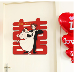 BAIWOVIS Chinese Wedding Decorations, 4 Pieces Double Happiness Wall Door Stickers with Cartoon Bride and Groom Pattern, Double Layer Paper