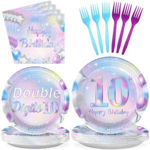 96 Pcs 10th Birthday Party Supplies Iridescent Double Digits Birthday Girl Plates and Napkins Tableware Set In My Double Digits Era Party Decor for 10 Year Old birthday Decorations Girl Boy Serves 24