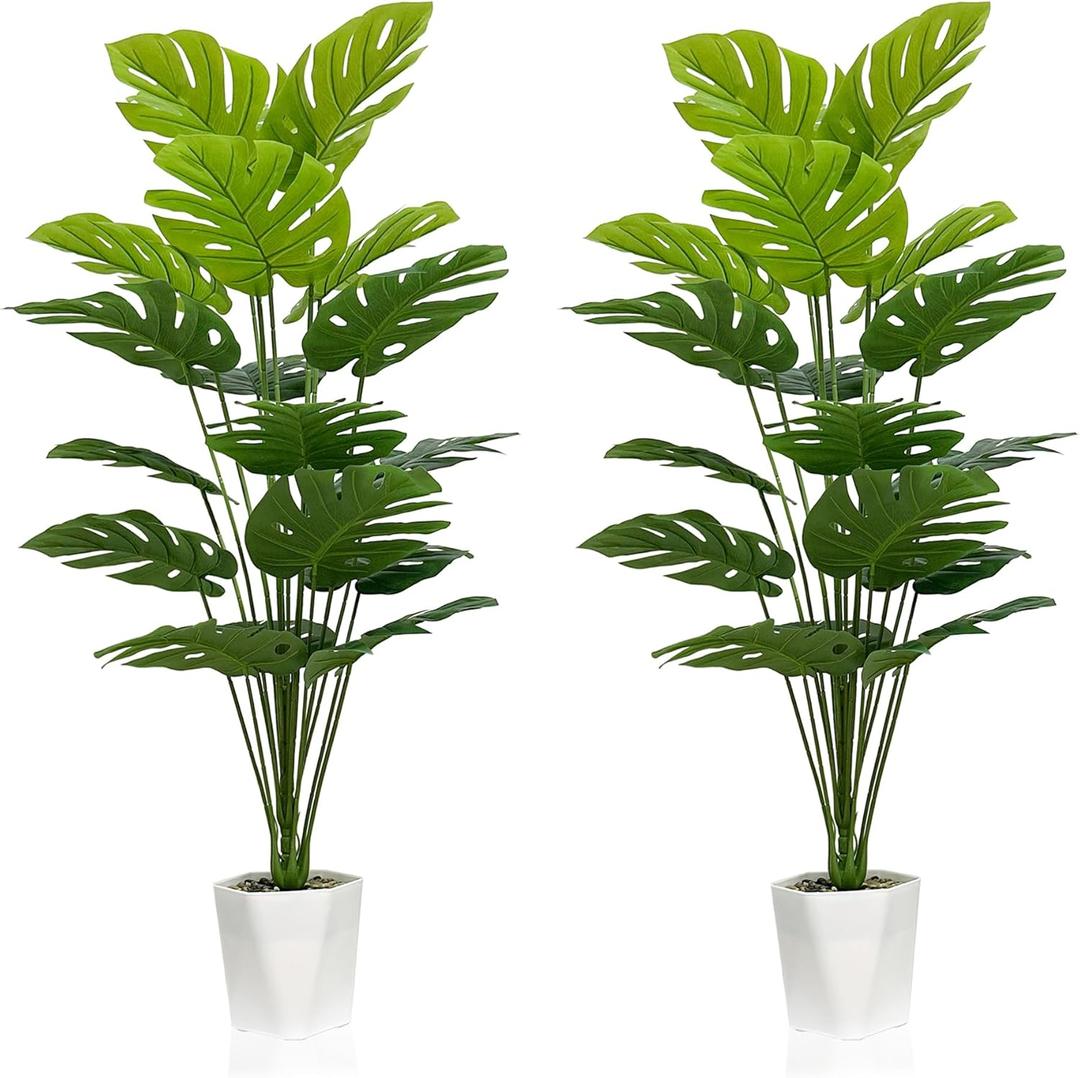 SAJANDAS Set of 2 Artificial Monstera Deliciosa Plants in Pots, Fake Tropical Palm Tree with Greenery Leaves Stems, 43 Inch Faux Swiss Cheese Floor Plants Indoor for Home, Office, Store Decor