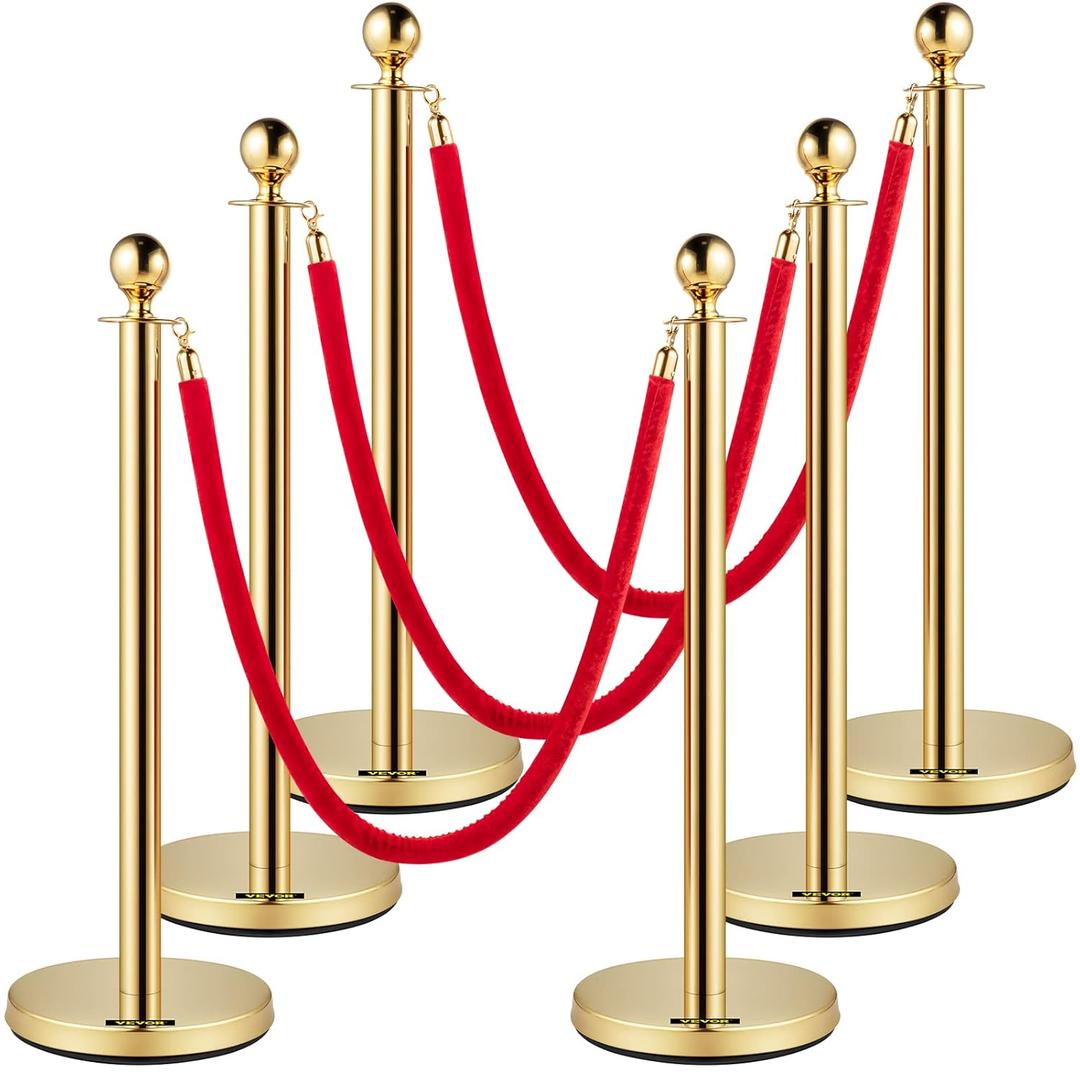 Velvet Ropes and Posts 6 Pcs, Red Velvet Rope 5 ft, Stanchion Post with Ball Top, Crowd Control Barriers Gold Stanchions, Red Carpet Poles, Crowd Control Ropes and Poles for Party Supplies