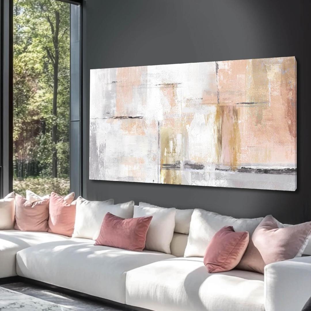 Gold Abstract Wall Art Decor Minimalist Oil Paintings 24"x48" Canvas Wall Art for Living Room Modern Framed Pictures for Wall Home Office for Women Ready to Hang (Pink)