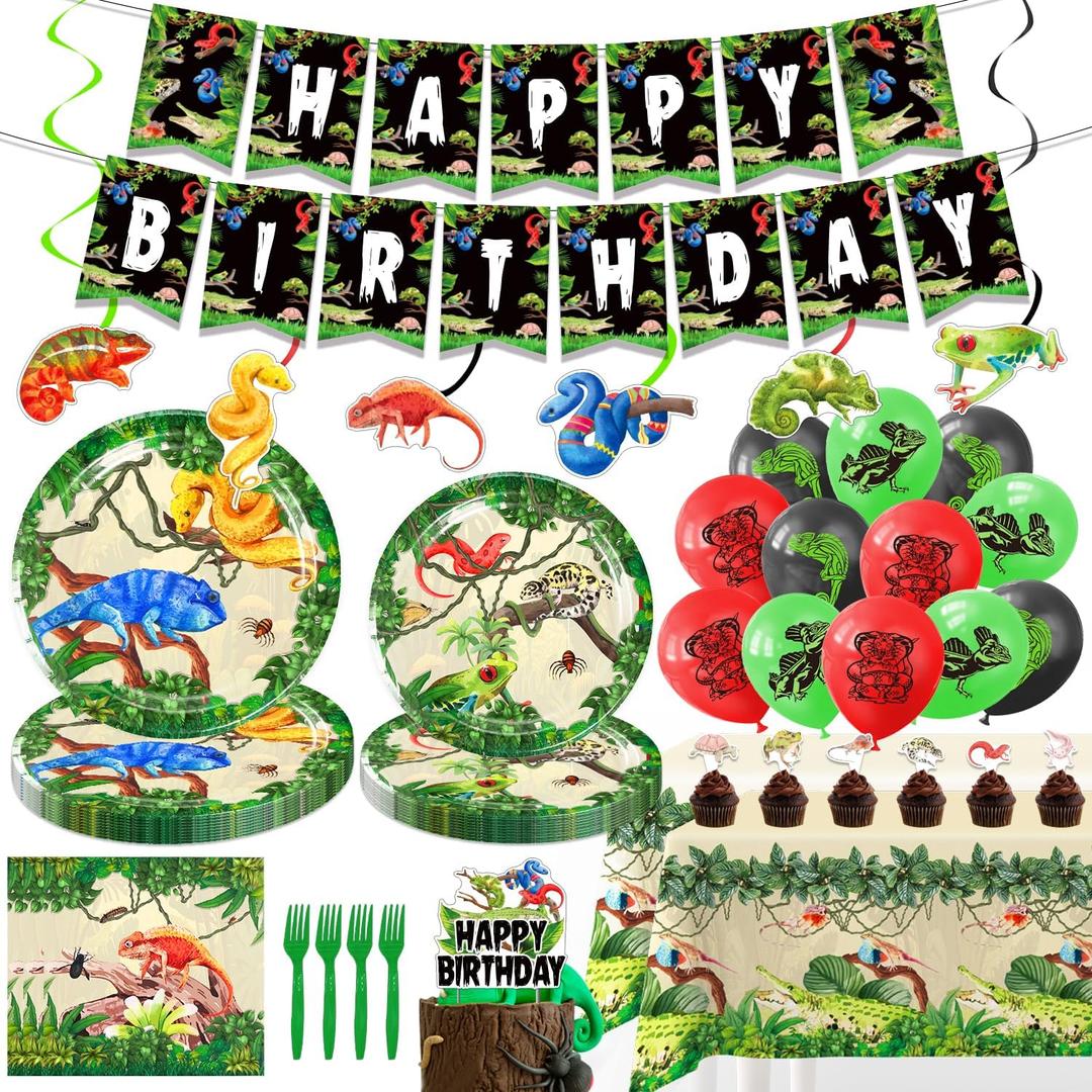 Reptile Birthday Party Decorations - 120PCS Snake Party Decorations for 20 Guests with Banner, Balloons, Hanging Swirls, Plates, Napkins, Forks, Tablecloths, Cake Topper, Cupcake Toppers