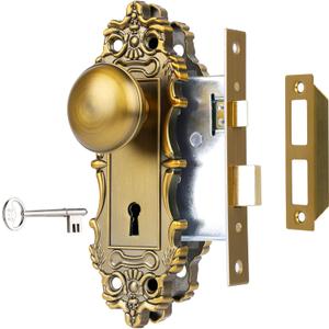 ToPToToo Mortise Lock Set for Interior Door, Vintage Door Knob with Lock and Skeleton Key, Antique Old Style Door Knob Lock Replacement, Vintage Brass Finish