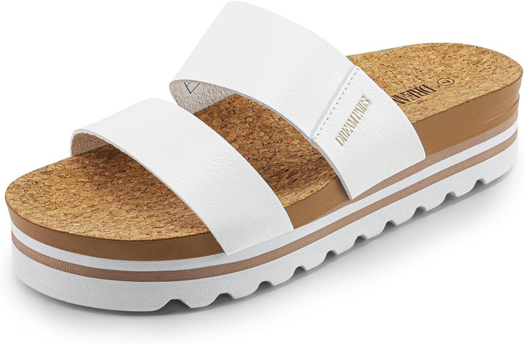 DREAM PAIRS Women's Platform Wedge Sandals with Arch Support, Comfortable Beach Slip-on Flat Sandals, Casual 2-Strap Cork Cushion Slides for Women (8, White)