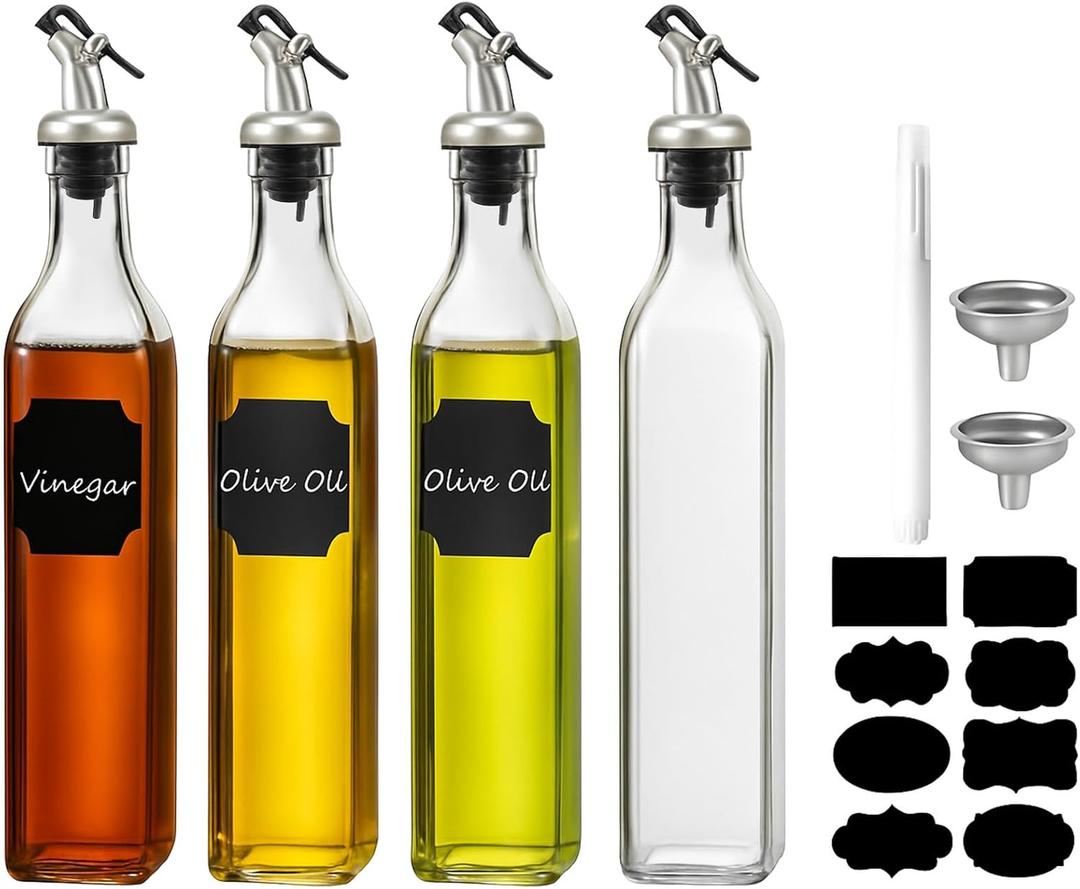 WERTIOO Glass Olive Oil Dispenser Bottle 17 OZ/500ml Oil Dispenser 4Pack | for Kitchen, with 4 Pourer, 1 Stainless Steel Funnel, 1 Pen, 8 Label, for Kitchen