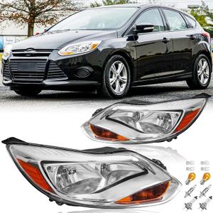 Headlights Assembly Pair with Bulbs for 2012 2013 2014 Ford Focus Halogen Headlamps Head Lights Replacement Left Driver and Right Passenger Side,Chrome Housing Amber Reflector