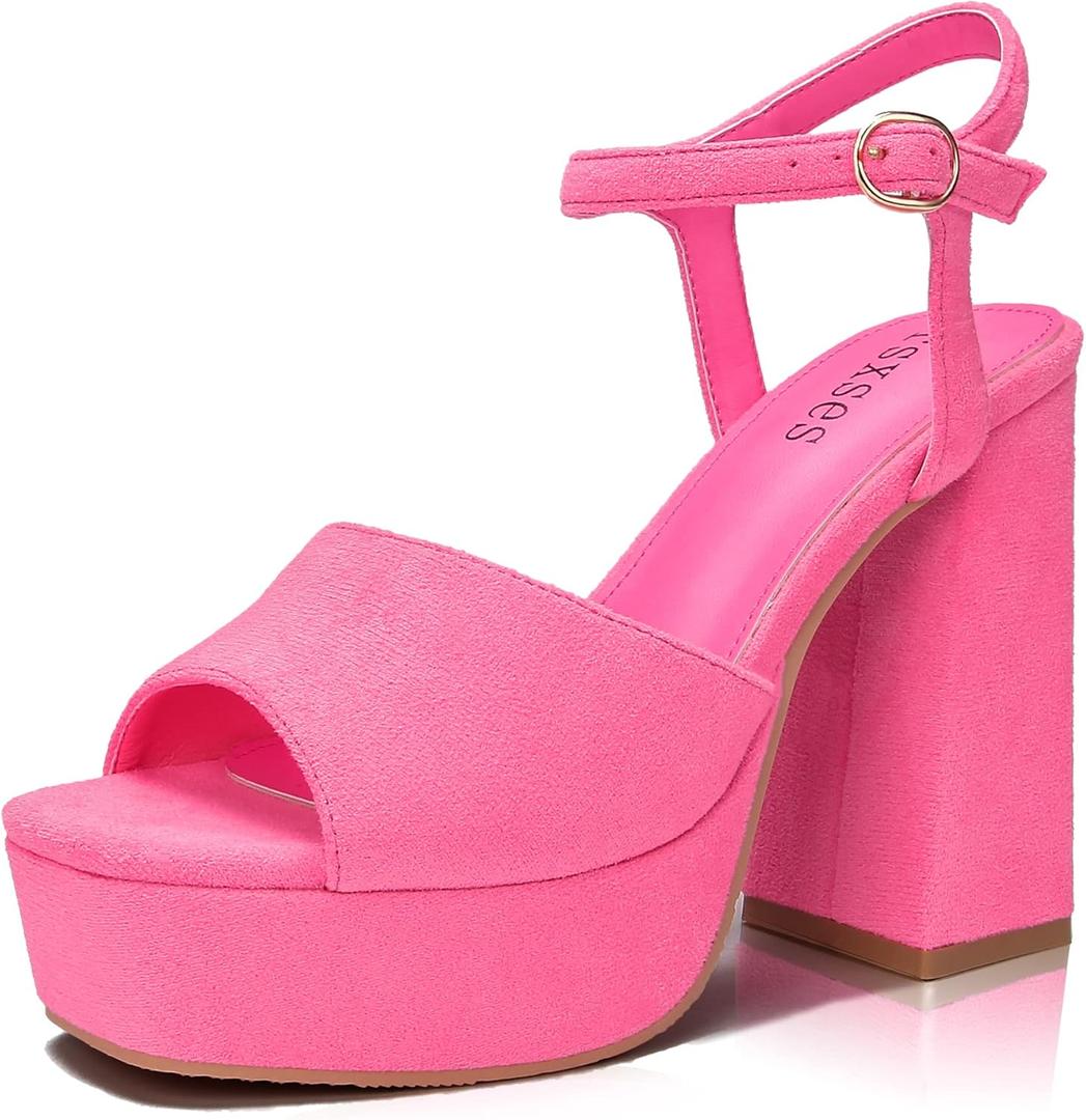 rsxses Pink Platform Heels for Women Pink Chunky Heels Dress Sandals Strappy Open Toe Ankle Strap Sexy Prom Wedding Evening Party Pumps Shoes,Suede Size 10.5