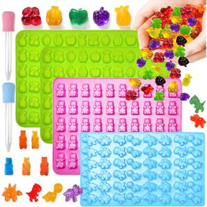 Mini Silicone Candy Molds Kit (0.7 Inch Bite-Sized) -Non-Stick Chocolate & Candy Mold and small ice cubes for Kids, Contains Dinosaur,Fruit,Vegetable Shapes (230 Cavities)- 4 Pieces + 2 Droppers.