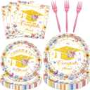 Floral Graduation Decorations 2026-96 Pcs Floral Congrats Grad Plates Napkins Forks Class of 2026, Flower Graduation Party Tableware Set for College High School Serve 24