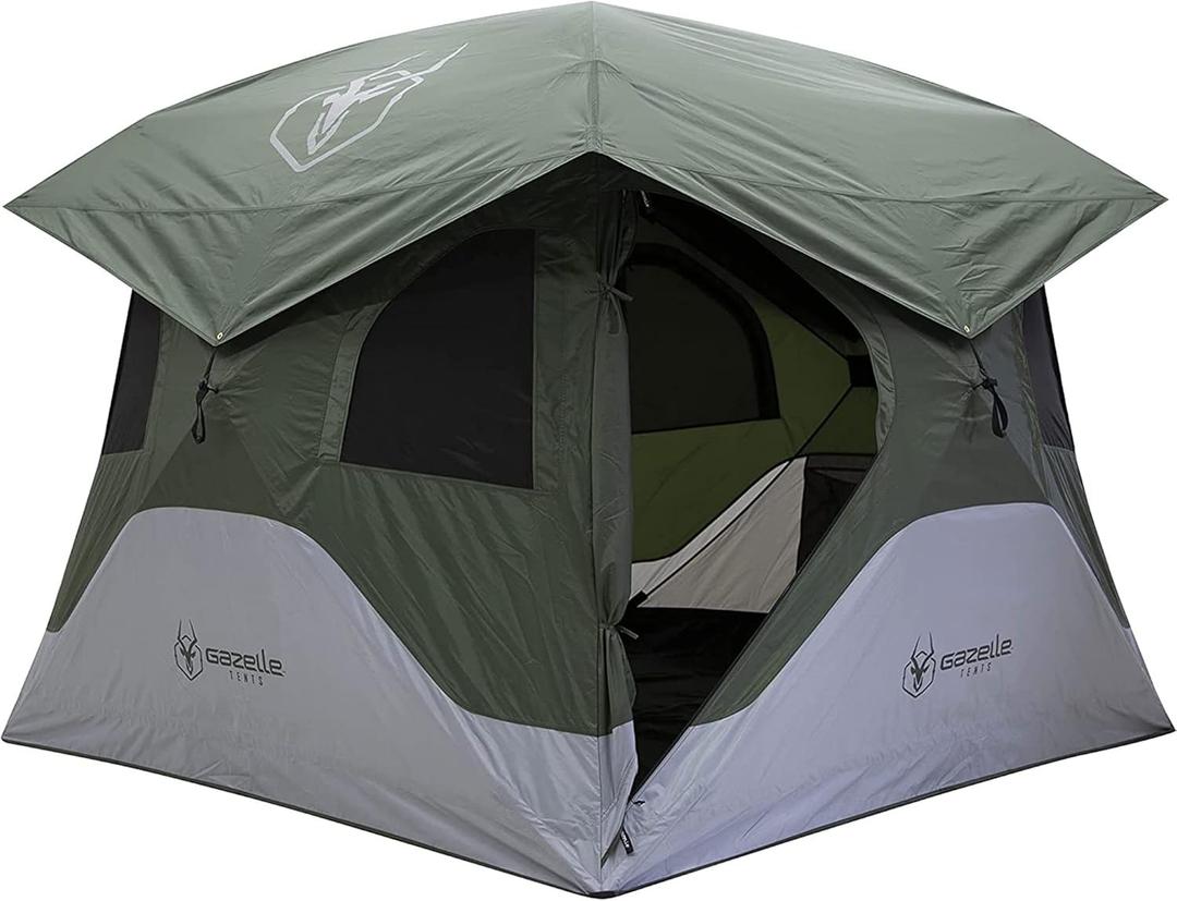 Gazelle Tents T4 Hub Tent, Easy 90 Second Set-Up, Waterproof, UV Resistant, Removable Floor, Ample Storage Options, 4-Person, Alpine Green, 94" x 94" x 78", GT400GR