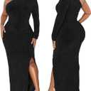 Women's Formal Evening Gowns Elegant Sparkly One Shoulder Maxi Dresses Sexy Long Sleeve High Split Party Long Dress (Black, M)