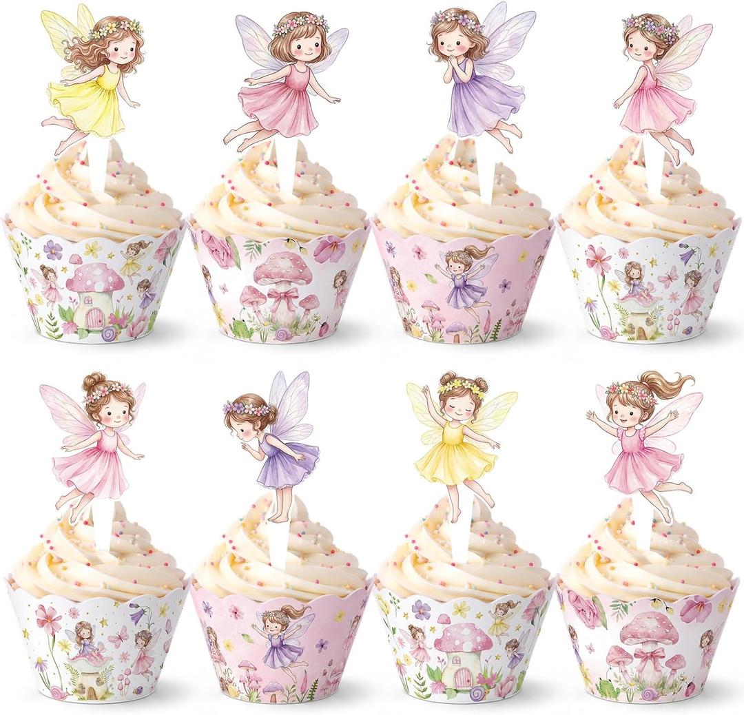 96 PCS Fairy Cupcake Topper Decoration - Birthday Party Cupcake Wrappers Decor Wing Ballet Dancer Cake Pink for Bridal Shower Birthday Party Supplies