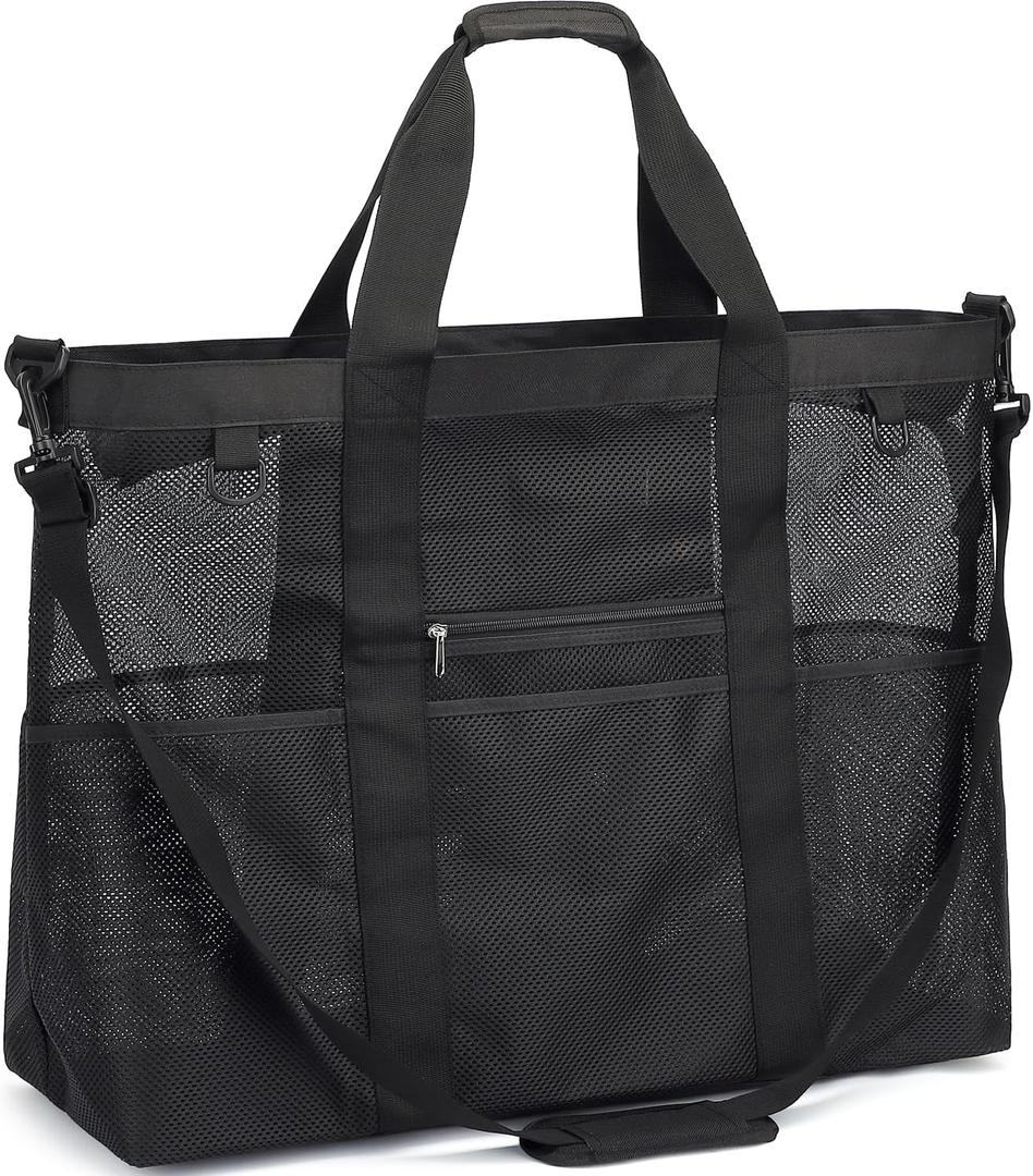 Fammart Mesh Beach Bag, Large Beach Tote with Zipper Pocket, Toys Pool Bag for Family Travel Vacation Cruise Essentials