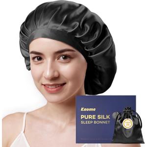 Kaome 100% Mulberry Silk Bonnet for Sleeping Women, 22 Momme Double Layer Silk Hair Wrap, Non-Slip Sleep Cap with Adjustable (Black)