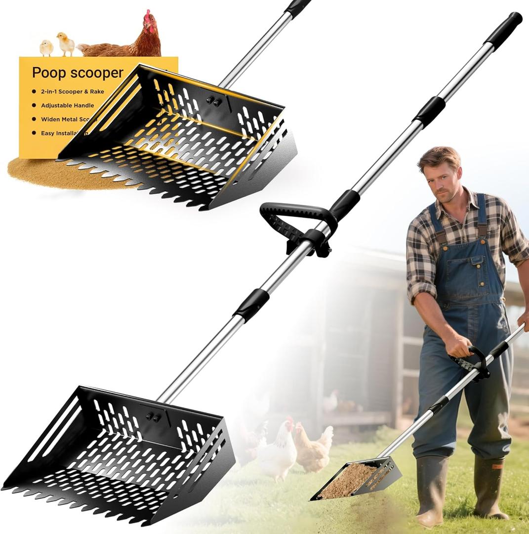 Pugala 5-in-1 Large Chicken Poop Scooper & Rake 24" to 68" Long Adjustable Stainless Steel Handle, 10" Wide Metal Sifting Shovel Head Heavy Duty Chicken Coop Cleaning Tool for Litter & Sand,Black