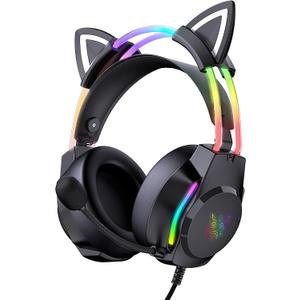 Gaming Headset with Microphone, Cat Ear Headphones for PC Laptop PS4 PS5 Xbox Switch, Rainbow RGB Lighting & Virtual Surround Sound, 3.5mm Wired Over Ear Headphones, Ergonomic
