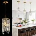 Gold Crystal Chandelier 6″ Small Kitchen Island Crystal Pendant Light Fixture Raindrop Flush Mount Hanging Chandelier K9 Crystal Lights Fixture for Bedroom Dining Room Kitchen, 5.9″ L × 11.6″ H