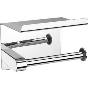 Adhesive Toilet Paper Holder with Shelf Wall Mounted, SUS304 Stainless Steel Toilet Paper Roll Holder, Mega Roll Tissue Roll Paper Dispenser, No Drilling or Wall Mounted with Screws (Polished Chrome)