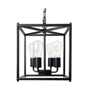 4-Light Black Farmhouse Chandelier, Iron Lantern Pendant Light Rustic Cage Adjustable Height, E26 Base Industrial Hanging Lights for Kitchen Island Dining Room Hallway Foyer Entryway