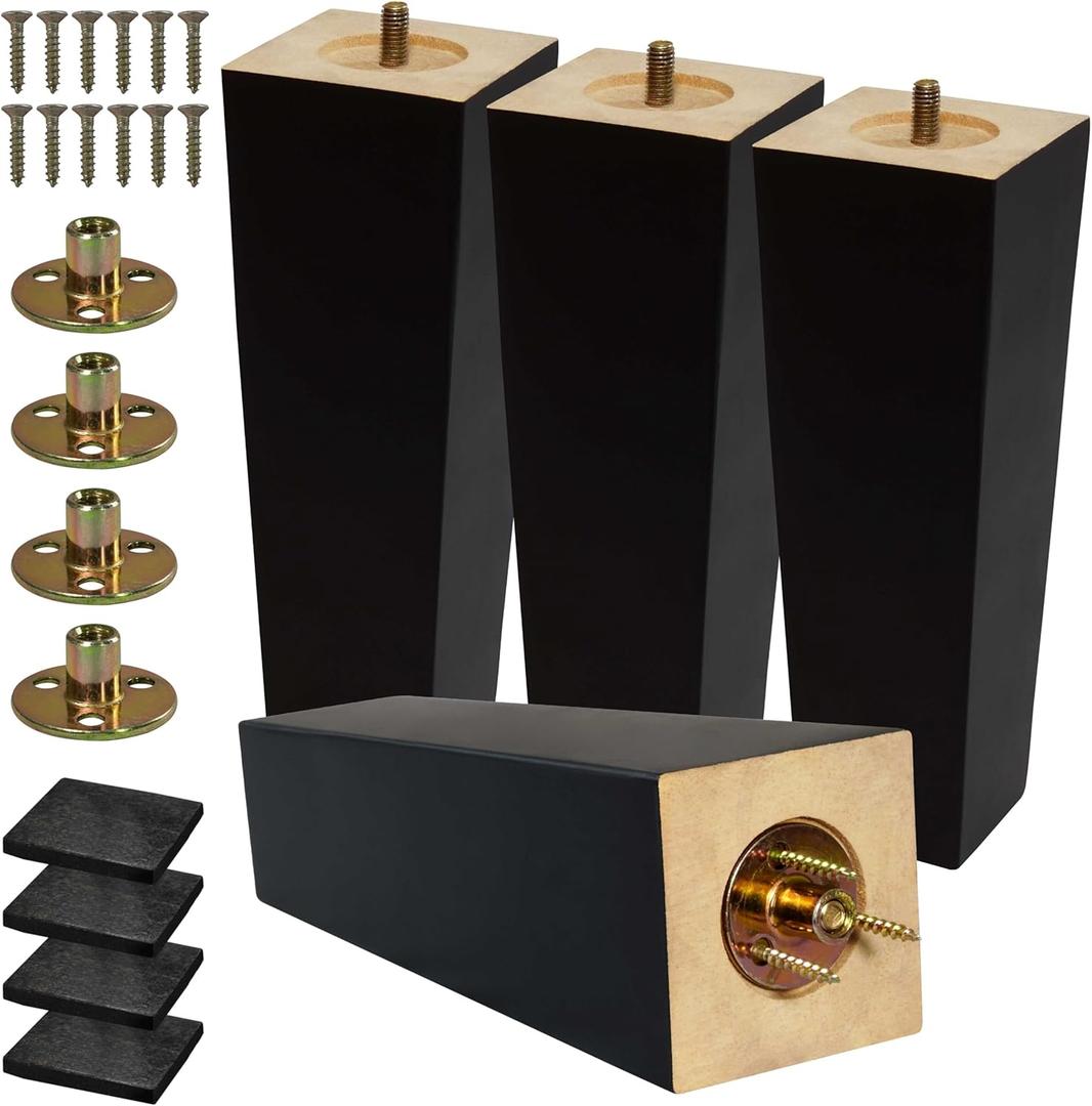 CODIN (5 Sizes: 3"-4"-5"-6"-8" Set of 4 Wood Furniture Legs - Square Sofa Legs, Couch Leg - Brown Mid-Century Modern Replacement Legs for Armchair Recliner Coffee Table Dresser (8")