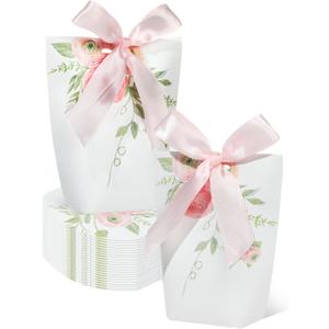 Liobelon 24 Pcs Small Floral Gift Boxes With Ribbons Wedding Favor Boxes Thank You Treat Boxes Flower Paper Candy Box for Gift Giving Tea Party Birthday Baby Shower Mothers Day (Pink)