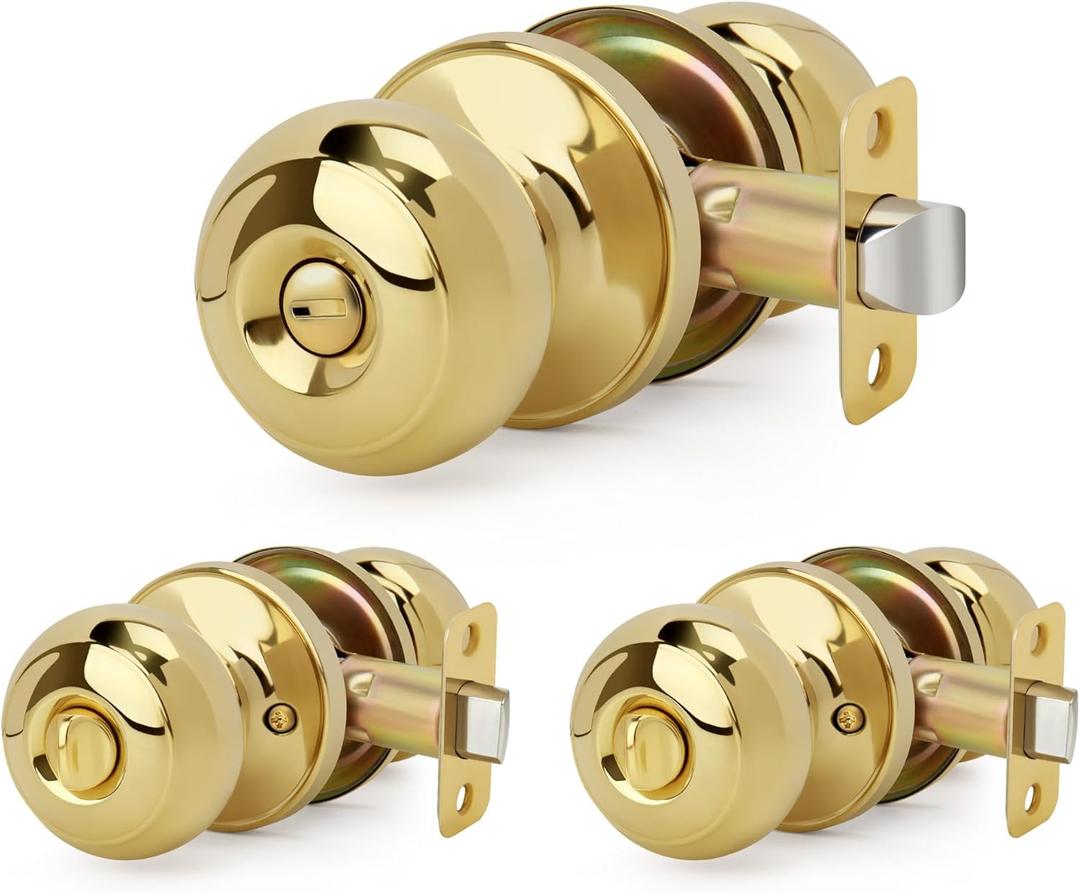 3 Pack Wholesale Flat Ball Door Knob with Lock, Keyless Privacy Round Design Doorknob for Bathrooms/Bedrooms, Polished Brass Finish