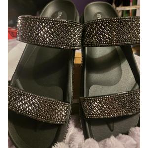Viapipa Platform Sandals Women, Womens Sandals with Rhinestone Dressy-Sandals Women Glitter Open-Toe Double Strap Arch-Support Slides Summer Sandals Vacation + Comfortable (7, Brown)