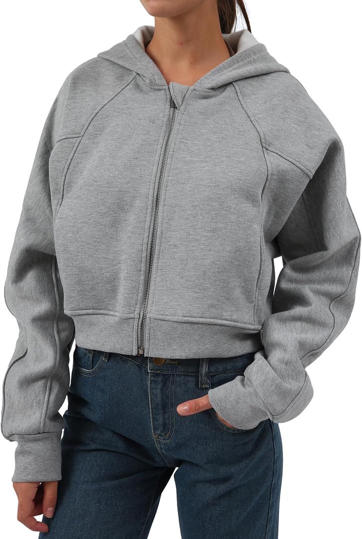 Amazhiyu Women' s Fleece Oversized Full-Zip Cropped Hoodie Winter Crop Top (Gray, L)