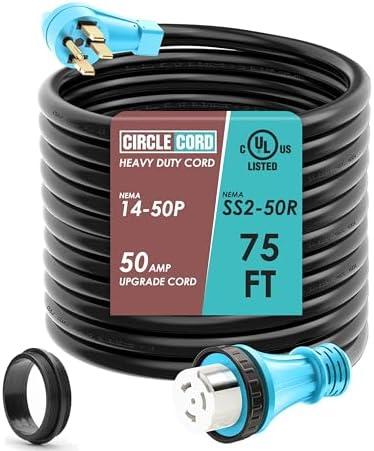 CircleCord UL Listed 50 Amp 75 Feet RV/Generator Cord with Locking Connector, Heavy Duty 6/3+8/1 Gauge STW Wire, 14-50P Male and SS2-50R Twist Locking Female for RV Camper and Generator to House