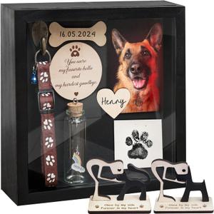 8.6'' Pet Memorial Gift Shadow Box Black Collar Holder Picture Frame Pet Paw Ink Kit Dog Wooden Sculpture Bottle Rainbow Pet Hair Keepsake Gift Loss of Dog Cat Tabletop Wall Hanging PSD-4B
