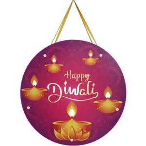 Happy Diwali Door Sign with Lights, Wooden Happy Diwali Hanging Sign, 12 Round Door Plaque for Diwali Decorations for Home Indoor Outdoor Home Wall Decorations