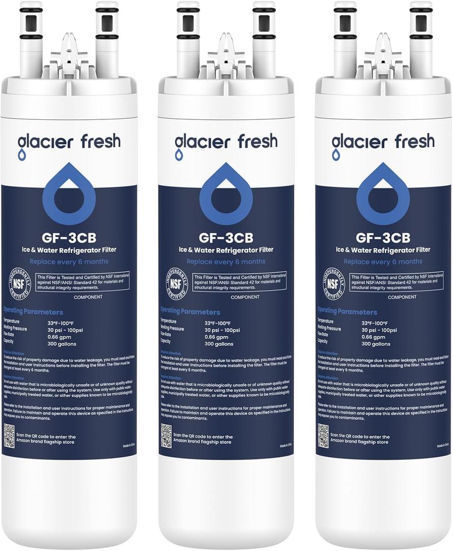 GLACIER FRESH WF3CB Refrigerator Water Filter Replacement for PureSource 3, 706465, WF425, PS3412266, AP4567491, 242017800 Refrigerator Water Filter, Pack of 3