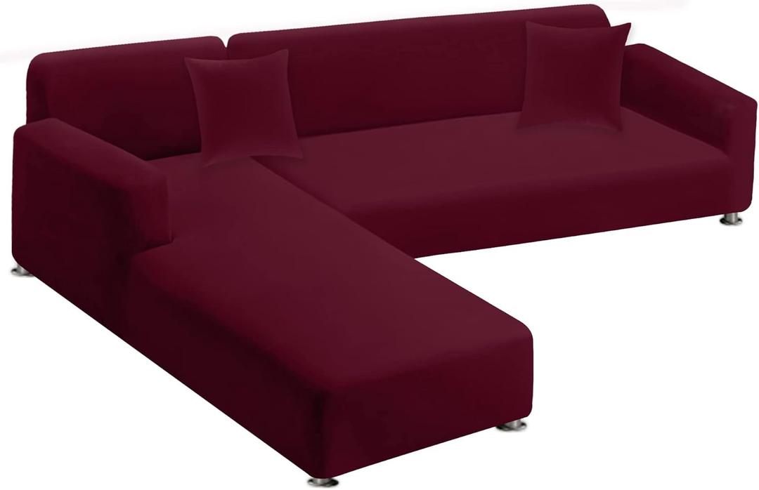 Sectional Couch Covers 2-Piece Softness L Shaped Sofa Cover Super Stretch L-Type Couch Slipcover with 2Pcs Pillowcases Sofa Slipcover 3 Seater + 3 Seater Furniture Protector (Burgundy)