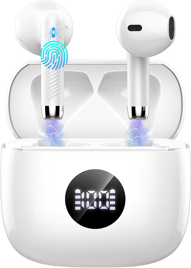 Wireless Bluetooth 5.4 Earbuds, Ear Buds LED Power Display Headphones 6D Stereo, Bluetooth Earbuds in-Ear Noise Cancelling Mic, 40H Playback Mini Case IP7 Waterproof Sports Earphones for Android iOS (Creamy White)