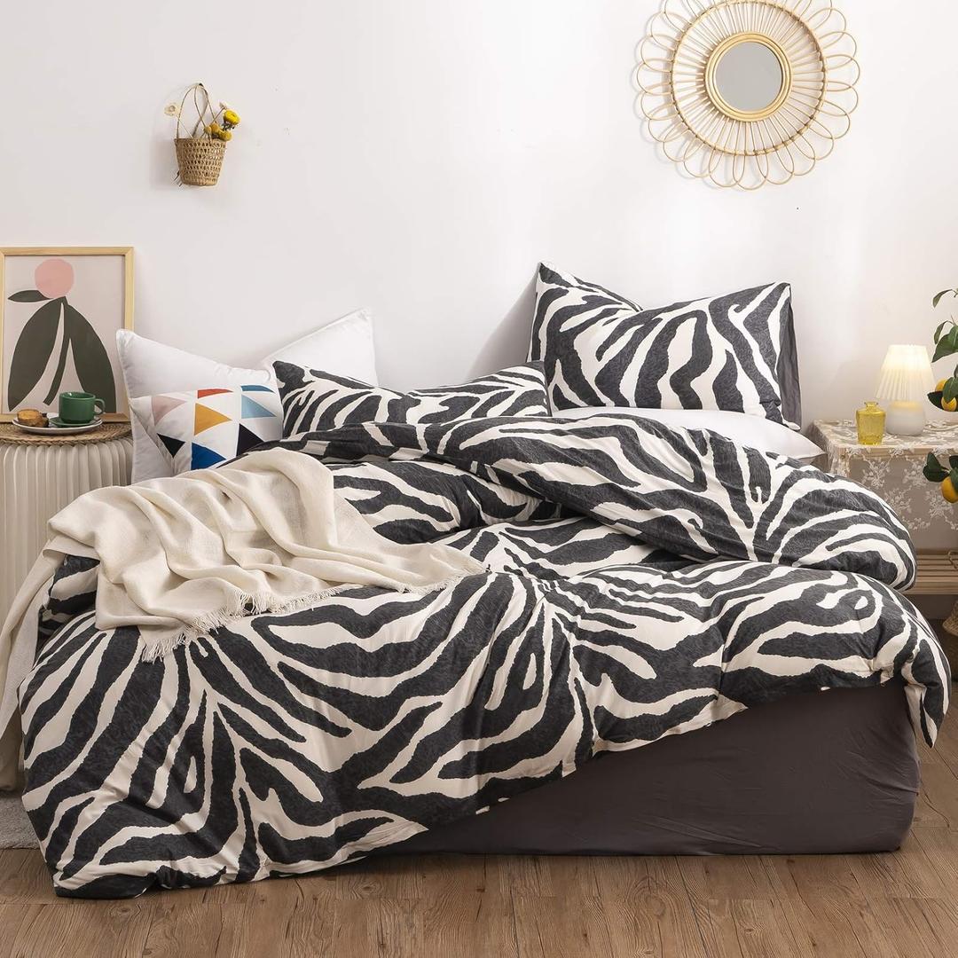 Zebra Duvet Cover Set Queen 100% Cotton Black and White Animal Print Bedding 1 Leopard Comforter Cover Full with Zipper Ties 2 Pillowcases for Kids Teens Boys Girls Women