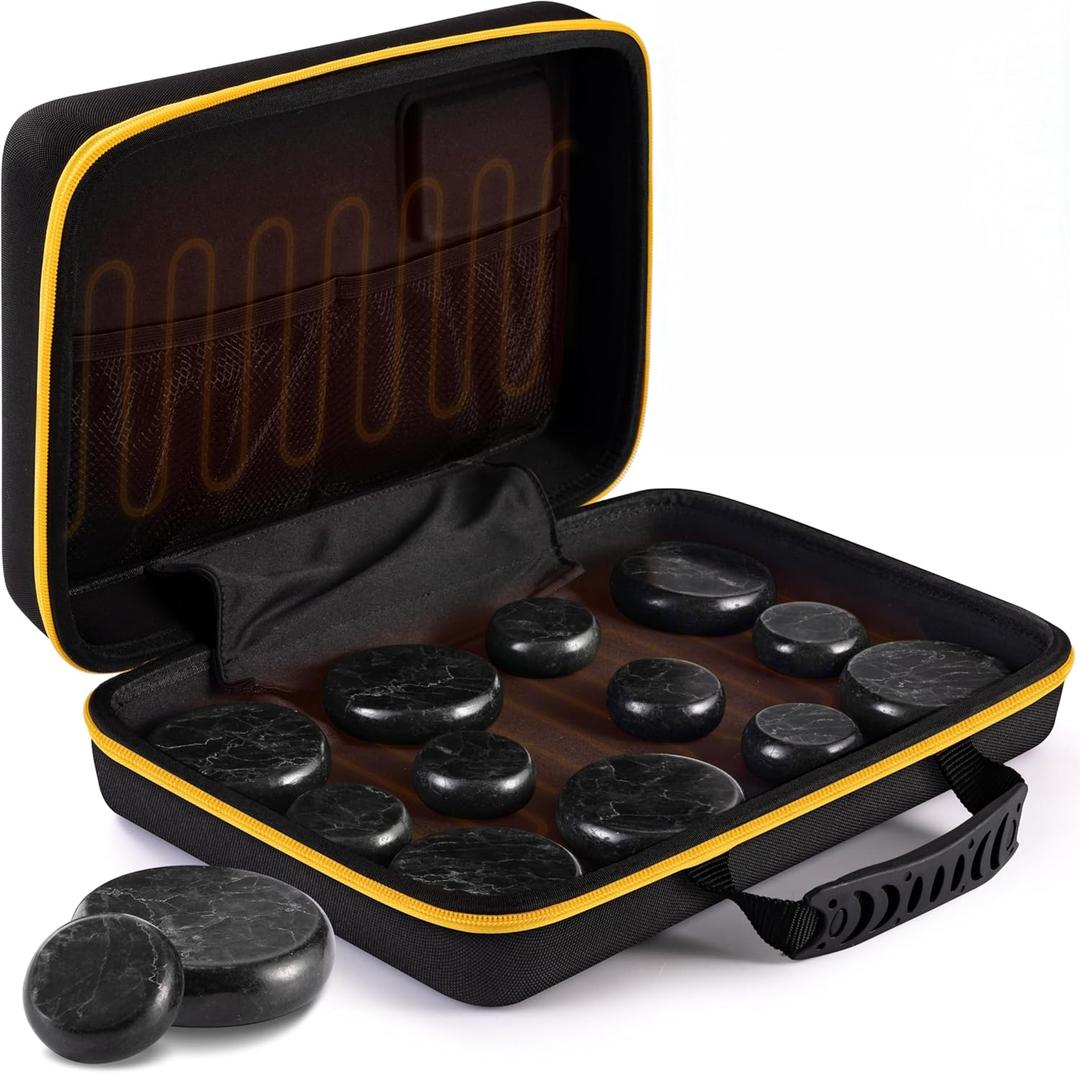 SereneLife Portable Basalt Stone Massage Set with Heating Bag - Hot Stone Massaging Black Basalt Kit, 12 Rocks Massage Stones and Warmer Set, Soothing Massage Accessories