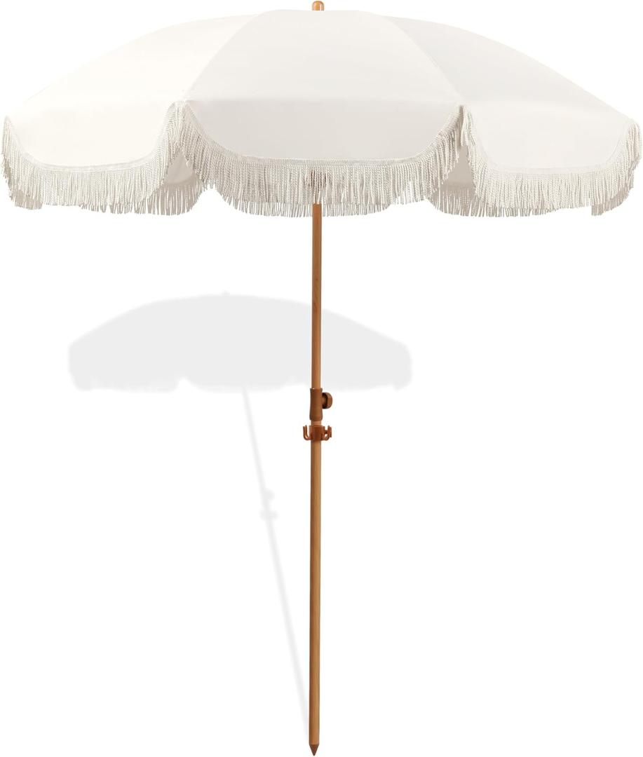 Seazul 6.5ft Patio Umbrella with Fringe, Beach Umbrella, Fringe Umbrella Outdoor Patio with Hanging Hook, Tilting Aluminum Pole, UV 50+, Fiberglass Ribs, Elegant Cream