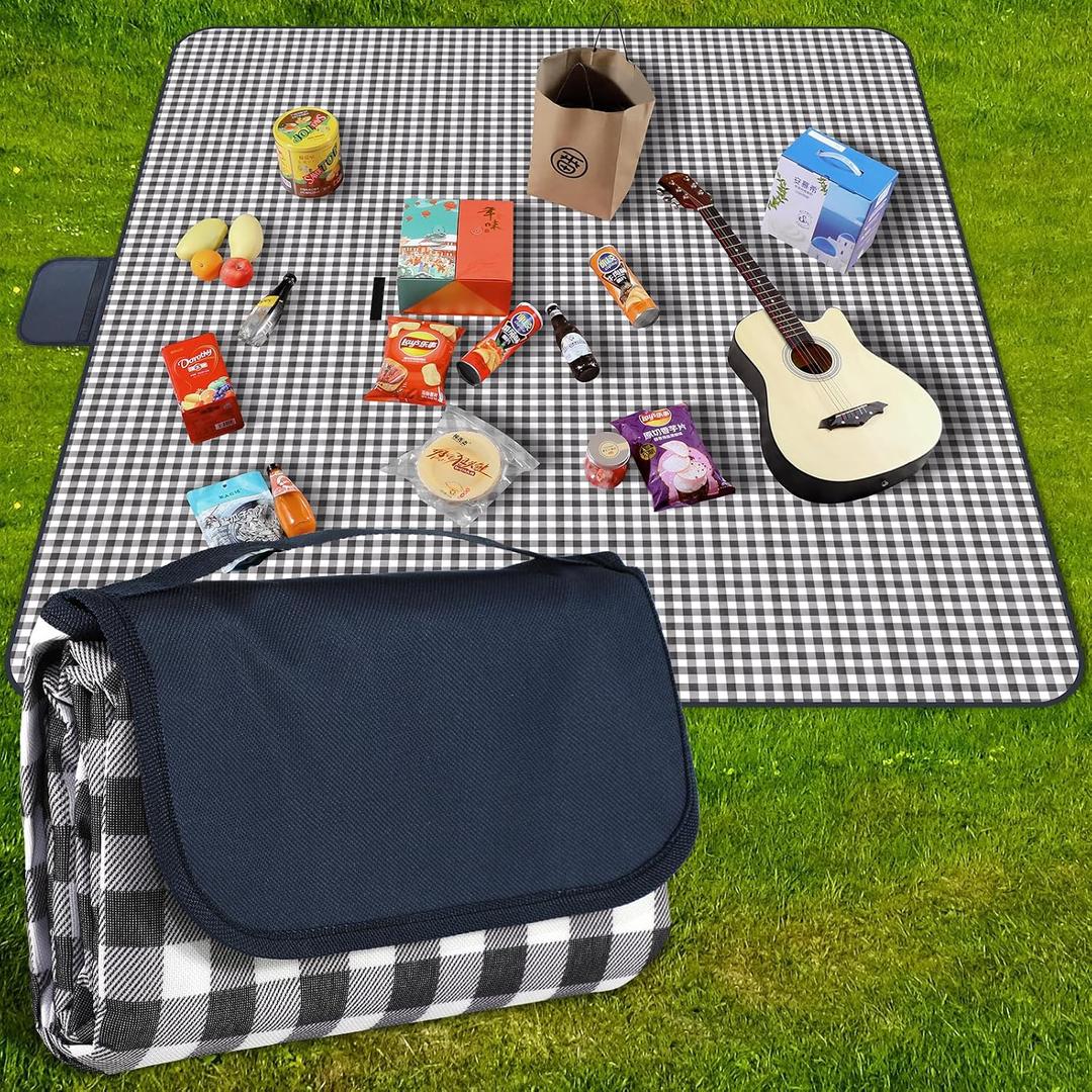 Picnic Blanket Waterproof Beach Rug 80''x118'' Picnic Mat Washable Lightweight with Handle Navy Blue Checkered for Hiking Travelling Outdoor Camping,Parks, 6'7" x 9'10"