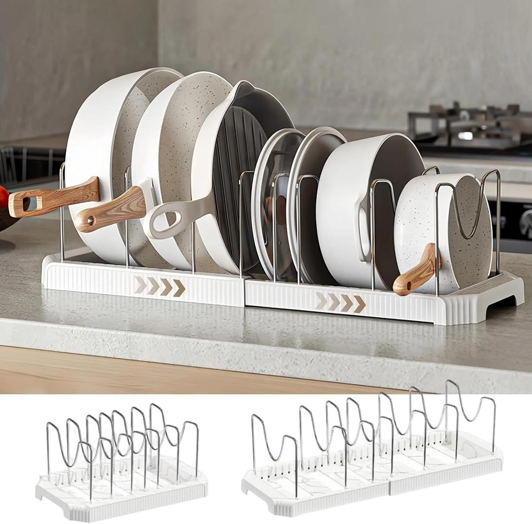 Expandable Pot and Pan Organizer Rack for Kitchen Cabinet or Under Sink, Adjustable Lid Holder with 7 Dividers, Space-Saving Storage for Renters, Small Homes, and Busy Cooks, White