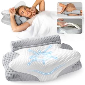 Cervical Neck Pillow for Sleeping, Dreamers Relief Pillow, Side Sleeper Pillow for Adults, Adjustable Height Memory Foam Pillow and Detachable Roll, Back & Stomach Sleeping Neck Pain Relief (White)