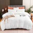 Fluffy Plush White Duvet Cover Set Queen Size, Luxury Ultra Soft Velvet Fuzzy Comforter Cover Bed Sets 4Pcs(1 Faux Fur Duvet Cover + 2 Pillow Cases + 1 Pillow Cover) Zipper Closure (Queen, White)