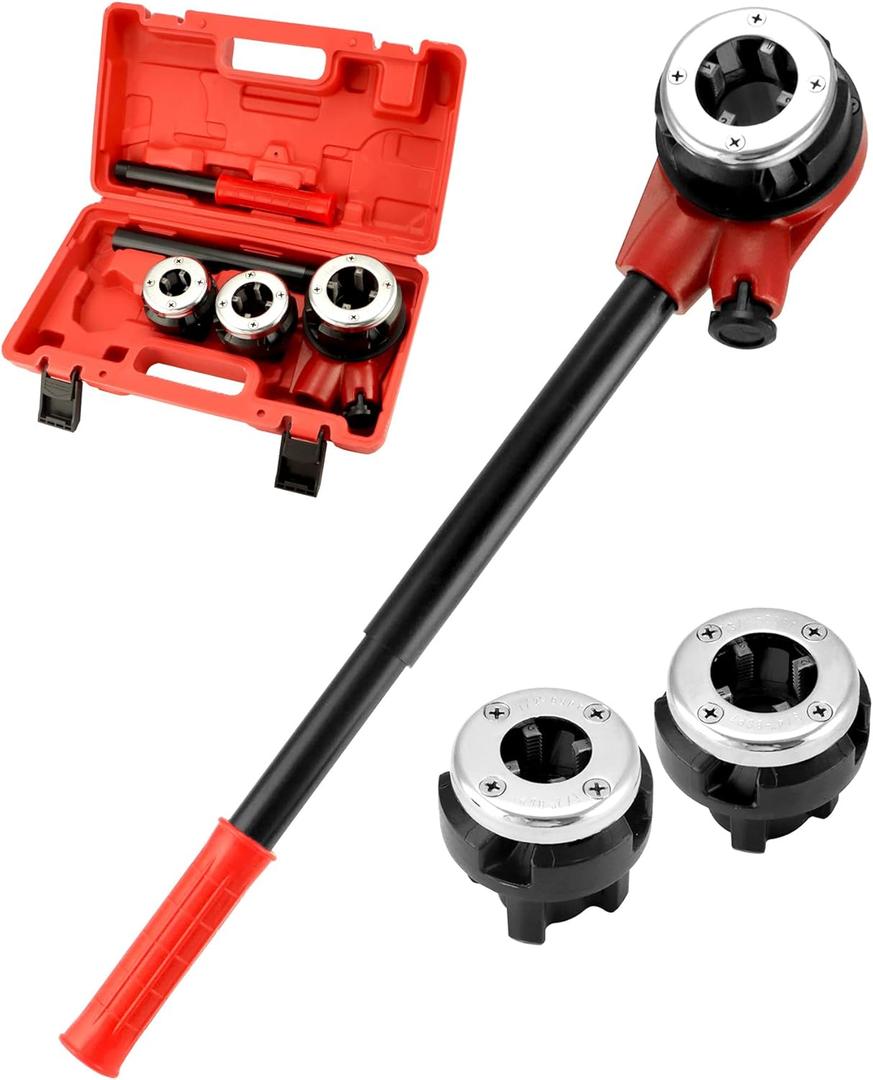 QWORK BSPT Ratchet Pipe Threader Kit, 3 Die Ratcheting Pipe Threading Tool Set 1/2", 3/4", 1", for Professional Cutting & Pipe Threaders