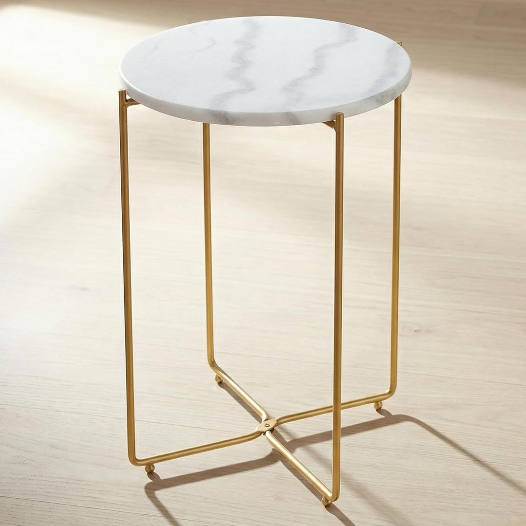 Real Marble Side Table, No Assembly Required Round End Table for Living Room, 15" Modern Small Accent Bedside Table with Gold Metal Legs, Waterproof Nightstand for Sofa, Bedroom, White, Large